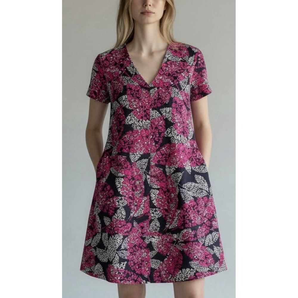 Carolina Herrera Dress Sz 4 Pink Black Floral Leaf A-Line Mod Luxury Aesthetic